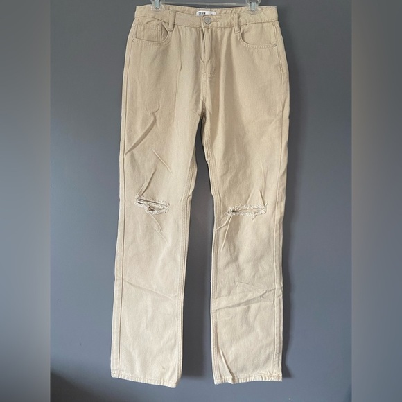 90s Inspired Beige Denim Gold SK Pants Relaxed Fit Straight Leg Minimalist - Picture 1 of 13